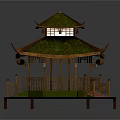 Traditional Chinese Pavilion With Green Roof Wooden Structure And Hanging Lanterns On Platform