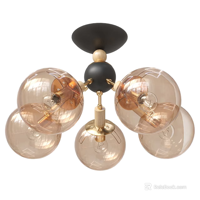 Modern Chandelier With Amber Glass Globes Gold Metal Frame And Black Canopy Design 3d model 