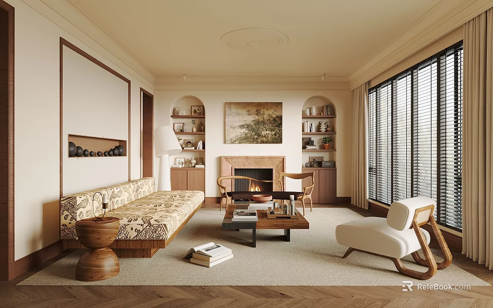 Modern Living Room With Beige Sofa Fireplace Bookshelves Coffee Table Accent Chair And Area Rug 3d model 
