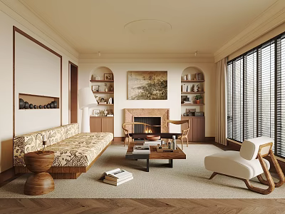 Modern Living Room With Beige Sofa Fireplace Bookshelves Coffee Table Accent Chair And Area Rug 3d model