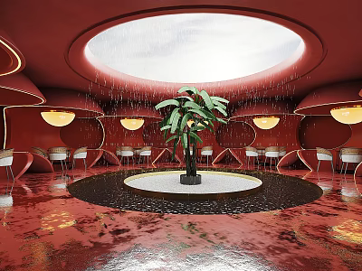 Red Toned Circular Café Interior With Circular Skylight Raindrops Central Green Plant Curved Seating And Round Tables 3d model