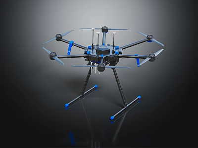 Modern Drone With Multiple Propellers Blue And Black Design Landing Gear And Camera Equipment 3d model
