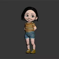 Stylish Cartoon Girl Character With Short Black Hair Striped Shirt Denim Shorts And Yellow Shoes
