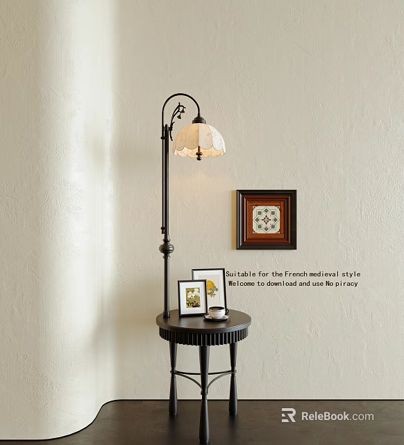 Cozy Floor Lamp In Bedroom Corner With Small Round Table Photo Frames And Wall Decor 3d model 