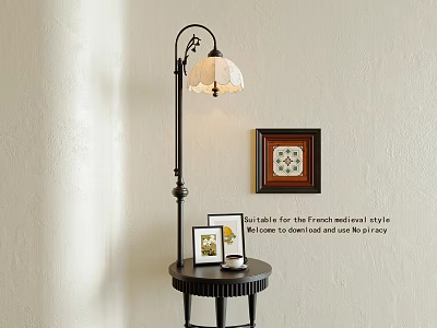 Cozy Floor Lamp In Bedroom Corner With Small Round Table Photo Frames And Wall Decor 3d model