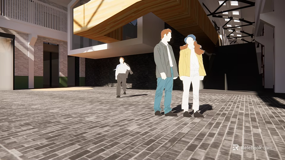 People Standing In Modern Indoor Space With Tiled Floor And Wooden Ceiling 3d model 