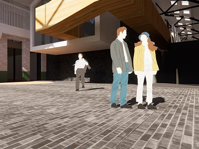 People Standing In Modern Indoor Space With Tiled Floor And Wooden Ceiling 3d model