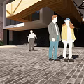 People Standing In Modern Indoor Space With Tiled Floor And Wooden Ceiling