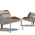 Two Modern Leisure Chairs With Orange White Upholstery And Striped Cushions On Metal Legs