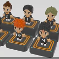 Pixel Style Decorative Figurine Set Featuring Character Figurines on Black Base Stands with Orange Lines