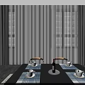 Modern Dining Table Set With Black Tabletop Silver Frame Four Chairs Light Wooden Armrests 3d model