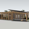 Modern Restaurant Interior With Wooden Structure Glass Windows Seating And Green Plants