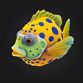 Vibrant Yellow Fish With Blue Spots Green Fins And Big Eyes 3D Illustration