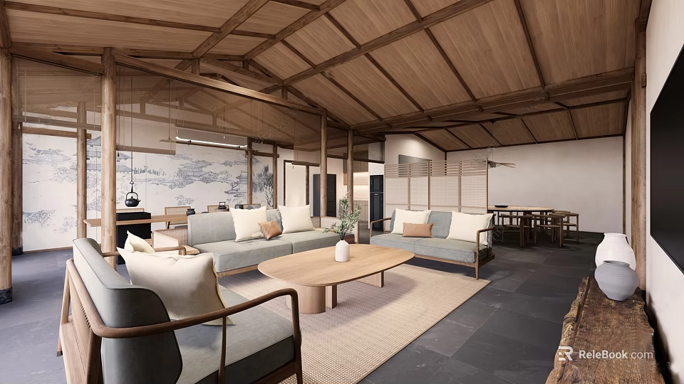 Japanese Style Hotel Guest Room With Wooden Ceiling Sofa Seating And Coffee Table 3d model 