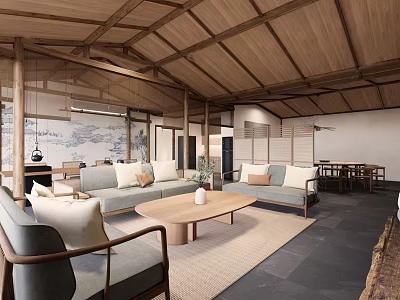 Japanese Style Hotel Guest Room With Wooden Ceiling Sofa Seating And Coffee Table 3d model