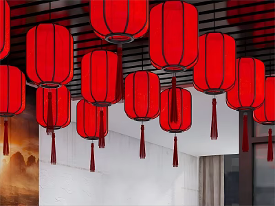 Red Lanterns Hanging From Decorative Ceiling With Tassels In Architectural Setting 3d model