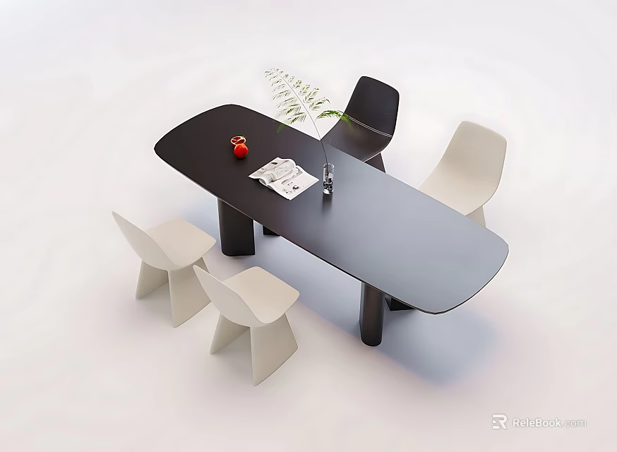 Black Oval Dining Table Set With White Black Chairs Red Decor Green Plant Magazine 3d model 