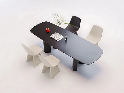 Black Oval Dining Table Set With White Black Chairs Red Decor Green Plant Magazine 3d model