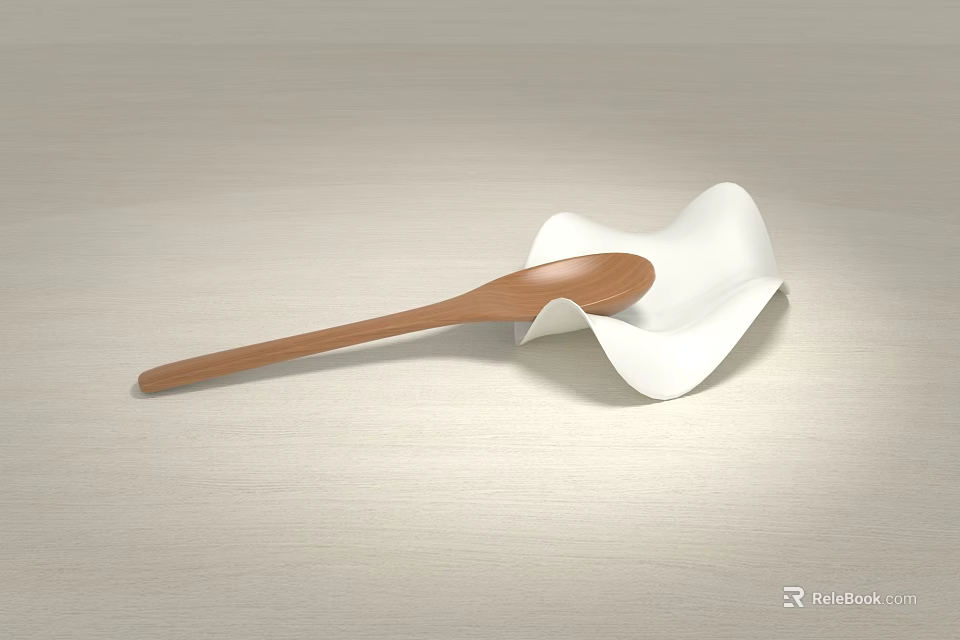 Minimalist Tableware Set With Wooden Spoon And White Bowl On Light Wooden Tabletop 3d model 