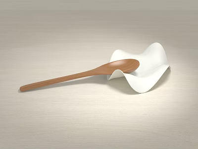 Minimalist Tableware Set With Wooden Spoon And White Bowl On Light Wooden Tabletop 3d model