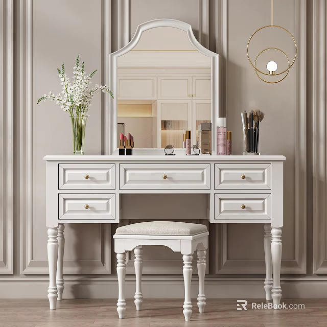 Elegant White Dressing Table with Mirror Stool Cosmetics and Vase on Beige Wall 3d model 