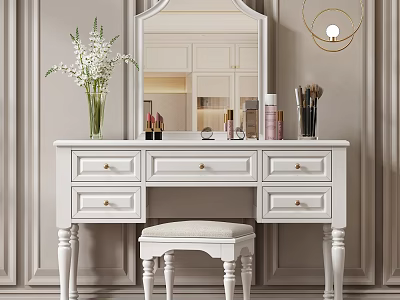 Elegant White Dressing Table with Mirror Stool Cosmetics and Vase on Beige Wall 3d model