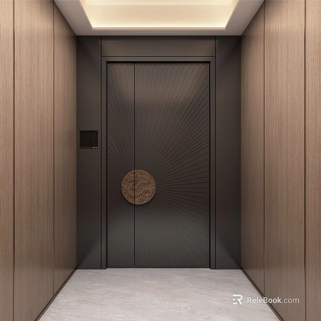Modern Black Security Door with Circular Decorative Pattern Smart Lock Control and Wooden Panel Walls 3d model 