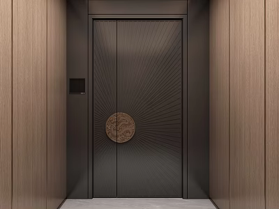 Modern Black Security Door with Circular Decorative Pattern Smart Lock Control and Wooden Panel Walls 3d model