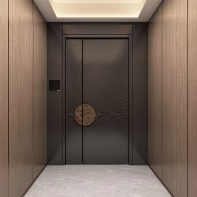 Modern Black Security Door with Circular Decorative Pattern Smart Lock Control and Wooden Panel Walls 3d model