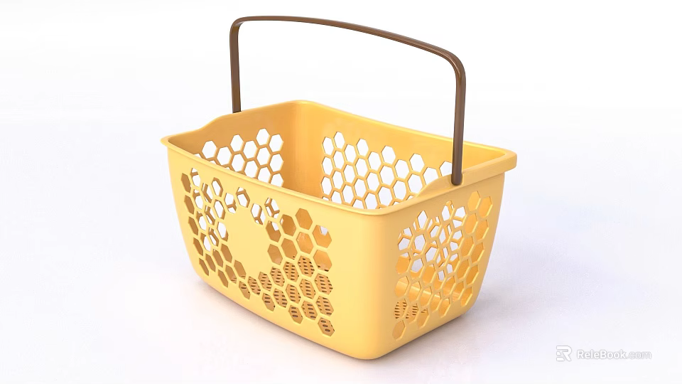 Yellow Plastic Shopping Basket With Mesh Design And Brown Handle For Household Use 3d model 