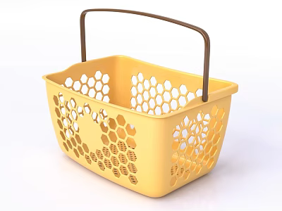 Yellow Plastic Shopping Basket With Mesh Design And Brown Handle For Household Use 3d model