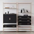Modern Black and Gold Shelving Unit with Storage Cabinets Drawers and Decorative Items