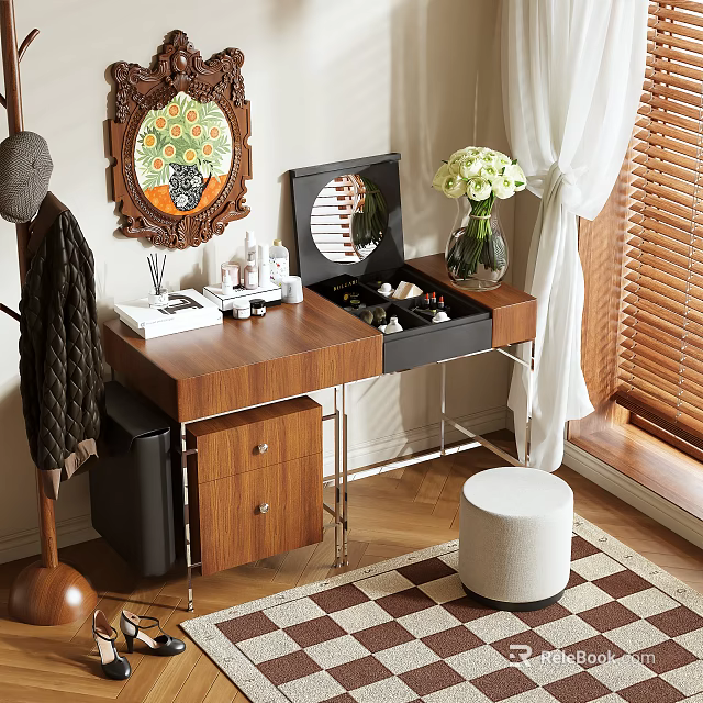 Wooden Dressing Table with Open Jewelry Box Cosmetics Decorative Mirror White Stool and Checkerboard Rug 3d model 