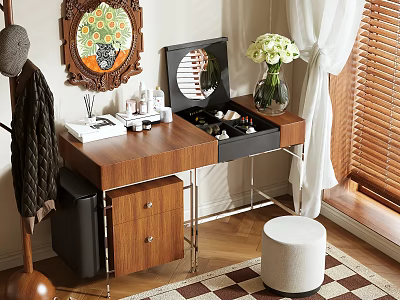 Wooden Dressing Table with Open Jewelry Box Cosmetics Decorative Mirror White Stool and Checkerboard Rug 3d model