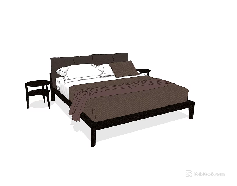 Modern Double Bed With Dark Headboard White Pillows And Small Nightstand 3d model