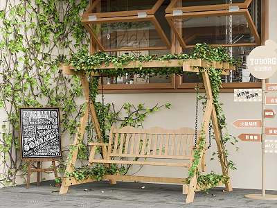 Wooden Outdoor Swing Chair Surrounded by Green Vines and Natural Hanging Design 3d model