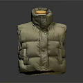 Khaki Quilted Puffer Vest With High Neck Button Front Sleeveless Design