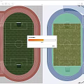Two Football Fields Design With Red And Blue Running Tracks And Surrounding Stands