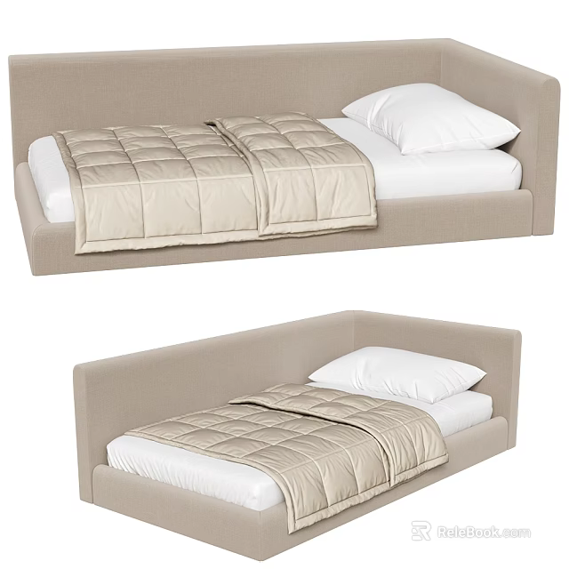 Single Bed Interior Design with Beige Frame White Pillow and Beige Quilt 3d model 