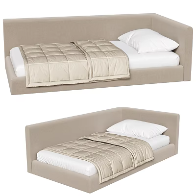 Single Bed Interior Design with Beige Frame White Pillow and Beige Quilt 3d model