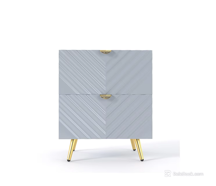 Light Gray Bedside Table with Chevron Pattern Gold Handles and Gold Legs 3d model 