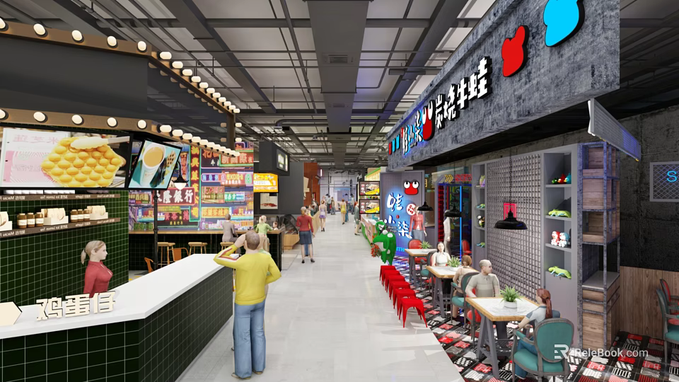Vibrant Restaurant With Bustling Atmosphere Various Food Displays And Cozy Dining Areas 3d model 