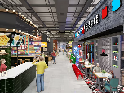Vibrant Restaurant With Bustling Atmosphere Various Food Displays And Cozy Dining Areas 3d model