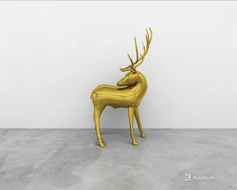 Golden Deer Sculpture Display With Smooth Metallic Surface White Wall And Gray Floor 3d model 