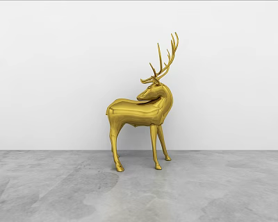 Golden Deer Sculpture Display With Smooth Metallic Surface White Wall And Gray Floor 3d model