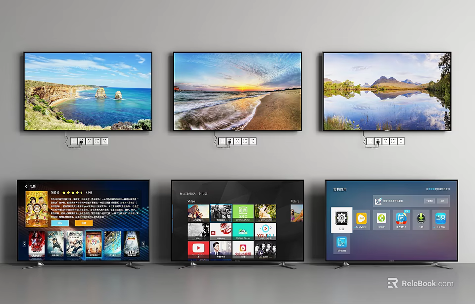 Multiple Televisions Showing Natural Scenery and Smart Interface Screens Arranged in Rows 3d model 