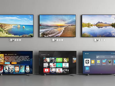Multiple Televisions Showing Natural Scenery and Smart Interface Screens Arranged in Rows 3d model