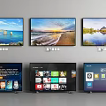 Multiple Televisions Showing Natural Scenery and Smart Interface Screens Arranged in Rows