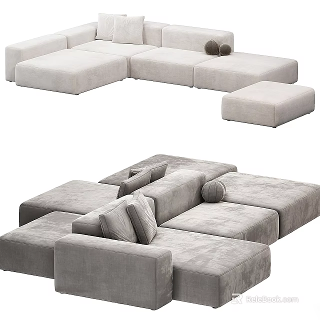 Modern Sectional Modular Sofa In Light Gray Fabric With Multiple Seats And Plush Cushions 3d model 