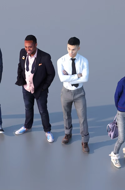 Group of Four People Standing Together With Different Clothing Styles Including Jackets Suits And Sweaters 3d model